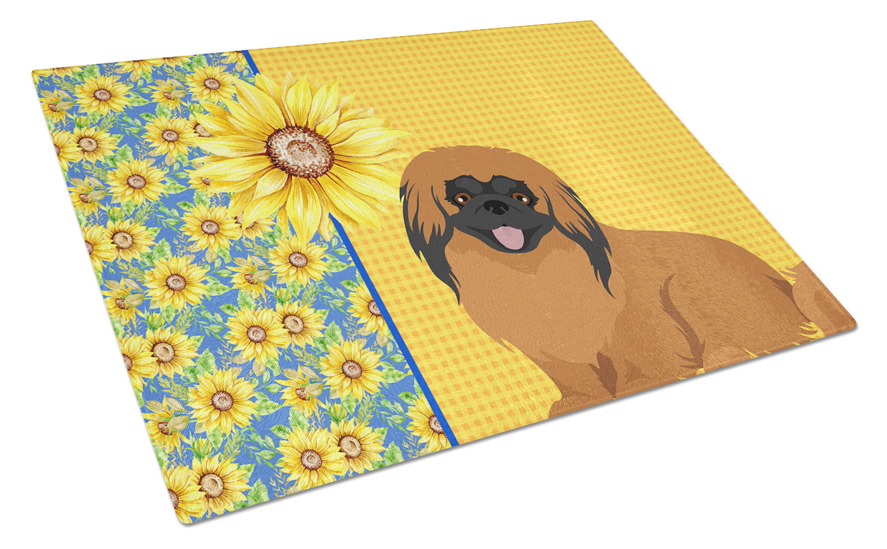 Summer Sunflowers Red Pekingese Glass Cutting Board Decorative Tempered Glass Kitchen Cutting and Serving Board Large Size Chopping Board