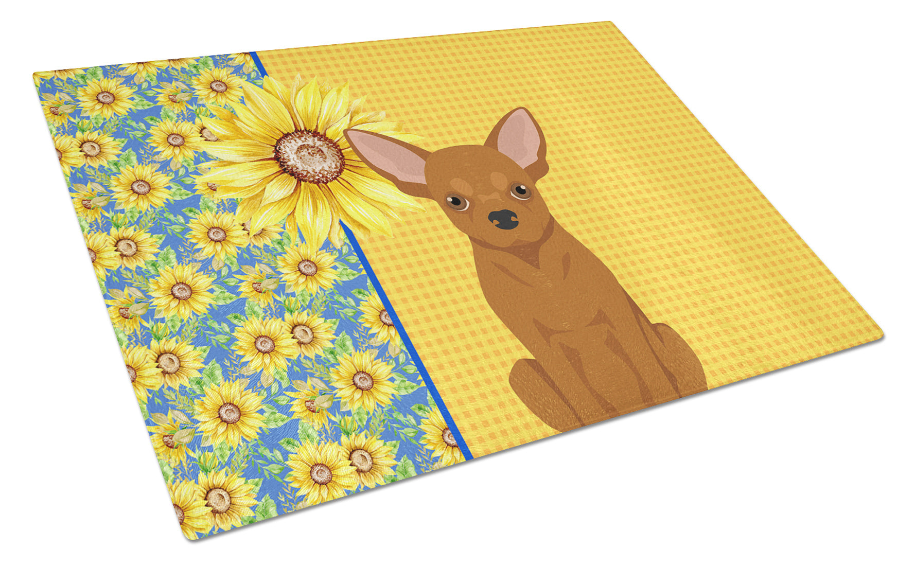 Summer Sunflowers Red Chihuahua Glass Cutting Board Decorative Tempered Glass Kitchen Cutting and Serving Board Large Size Chopping Board