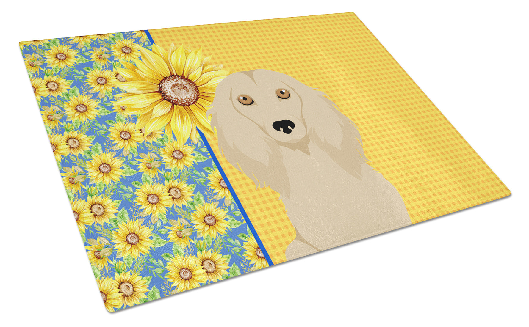 Summer Sunflowers Longhair Cream Dachshund Glass Cutting Board Decorative Tempered Glass Kitchen Cutting and Serving Board Large Size Chopping Board