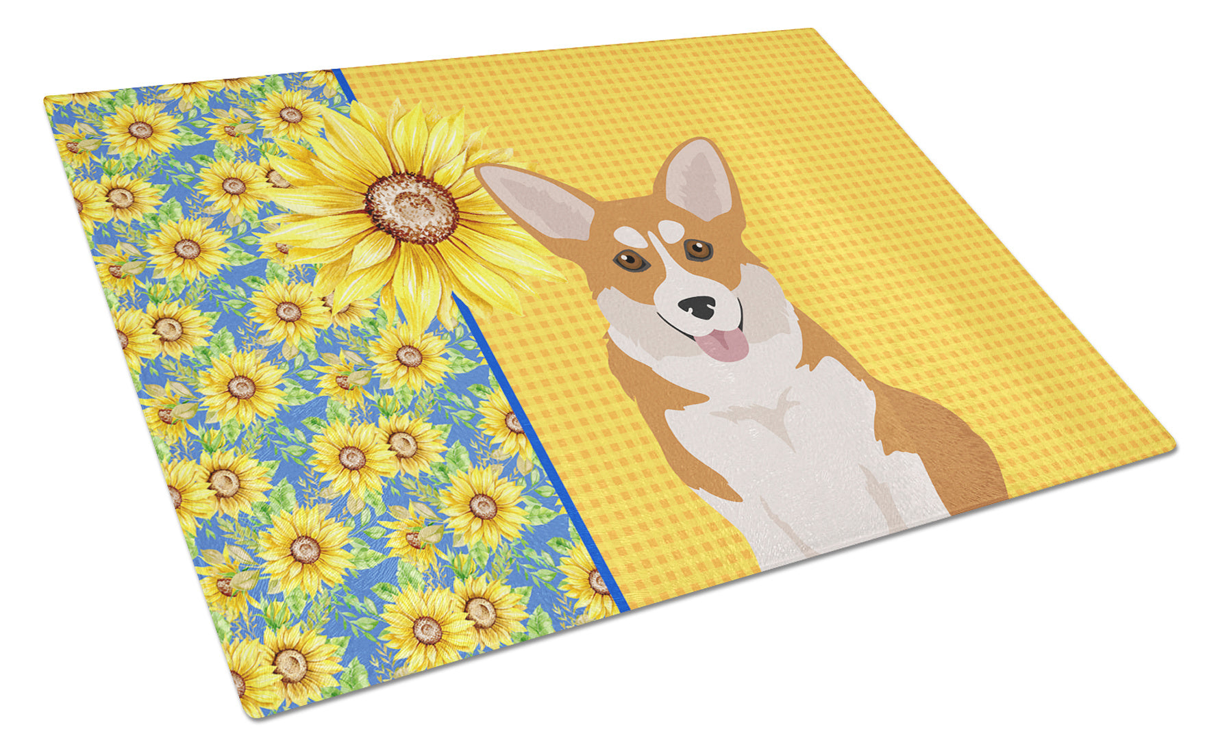 Summer Sunflowers Red Pembroke Corgi Glass Cutting Board Decorative Tempered Glass Kitchen Cutting and Serving Board Large Size Chopping Board