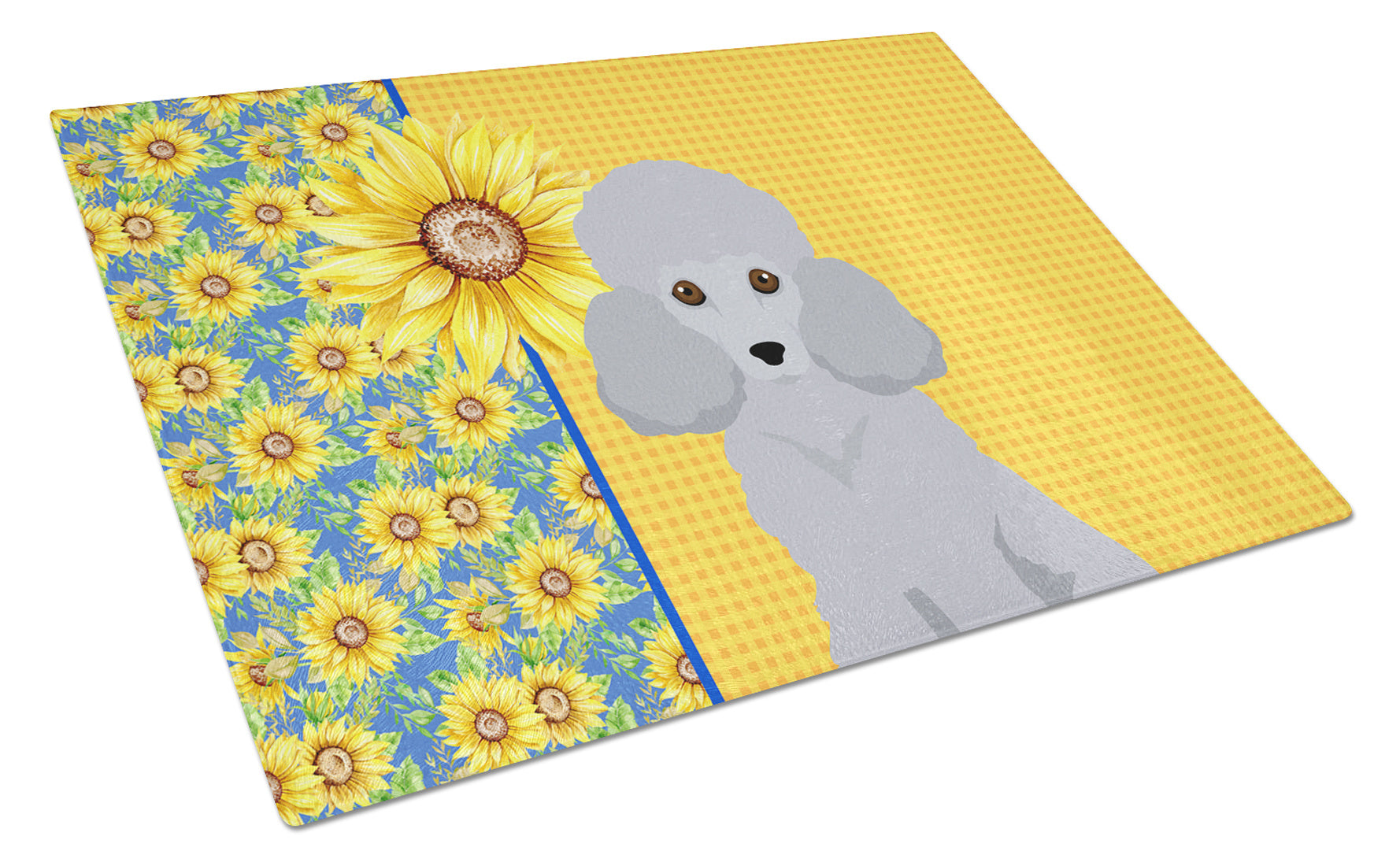 Summer Sunflowers Toy Silver Poodle Glass Cutting Board Decorative Tempered Glass Kitchen Cutting and Serving Board Large Size Chopping Board