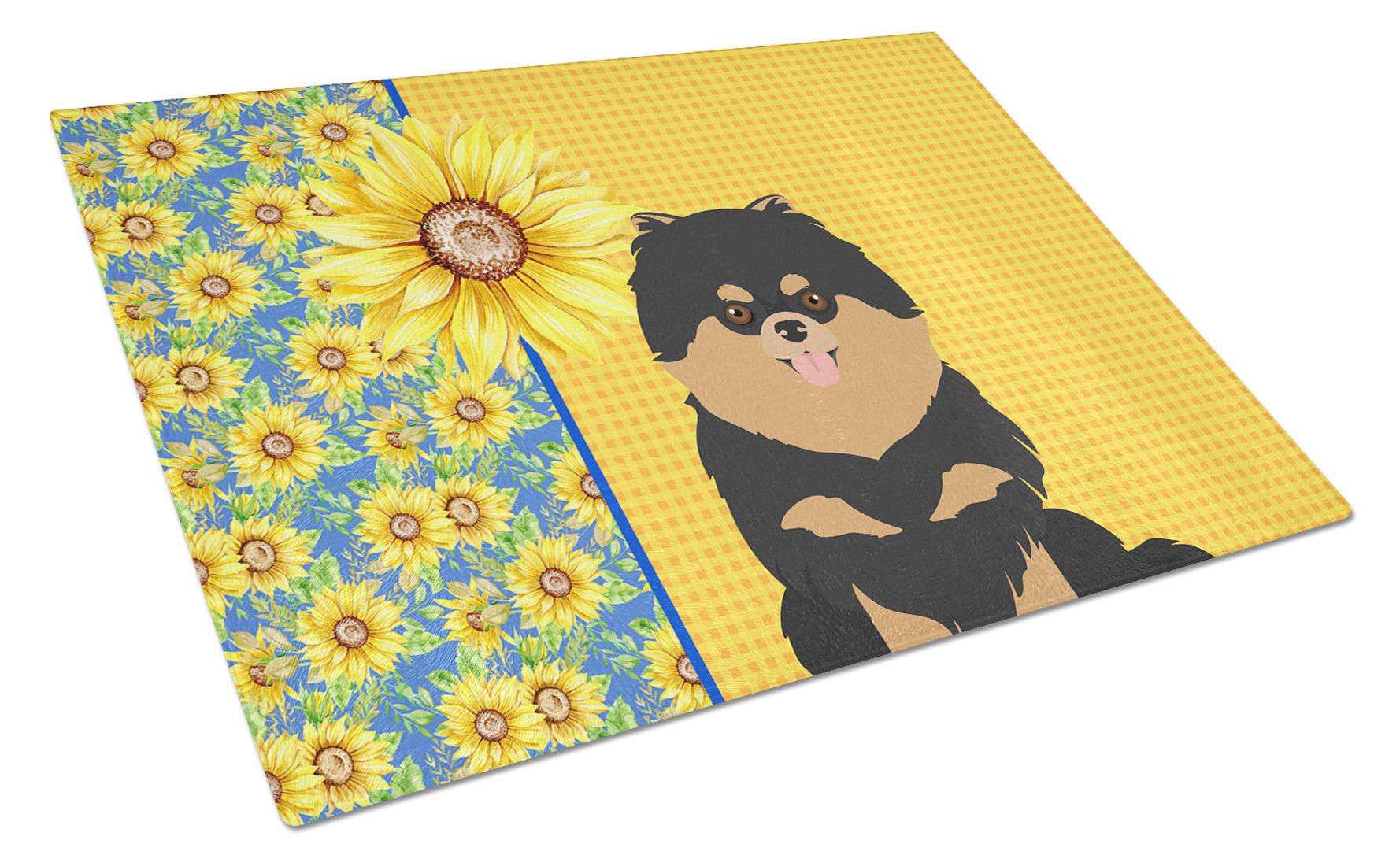 Summer Sunflowers Black and Tan Pomeranian Glass Cutting Board Decorative Tempered Glass Kitchen Cutting and Serving Board Large Size Chopping Board