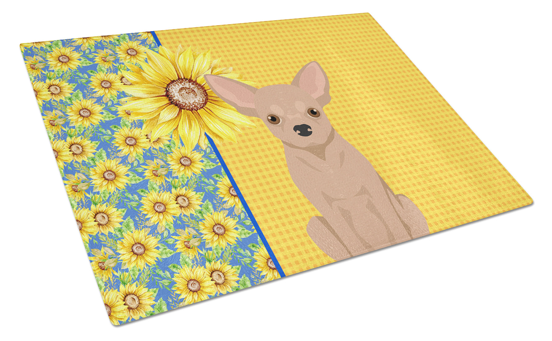 Summer Sunflowers Cream Chihuahua Glass Cutting Board Decorative Tempered Glass Kitchen Cutting and Serving Board Large Size Chopping Board