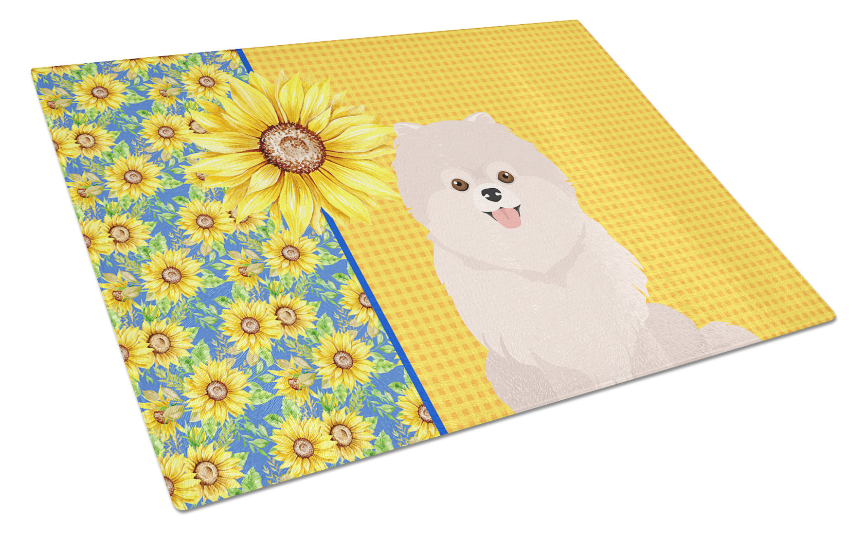 Summer Sunflowers White Pomeranian Glass Cutting Board Decorative Tempered Glass Kitchen Cutting and Serving Board Large Size Chopping Board