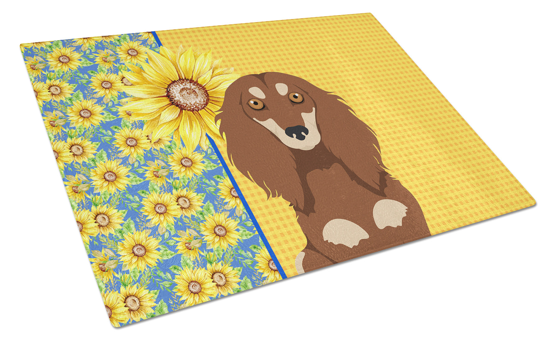 Summer Sunflowers Longhair Chocolate and Cream Dachshund Glass Cutting Board Decorative Tempered Glass Kitchen Cutting and Serving Board Large Size Chopping Board