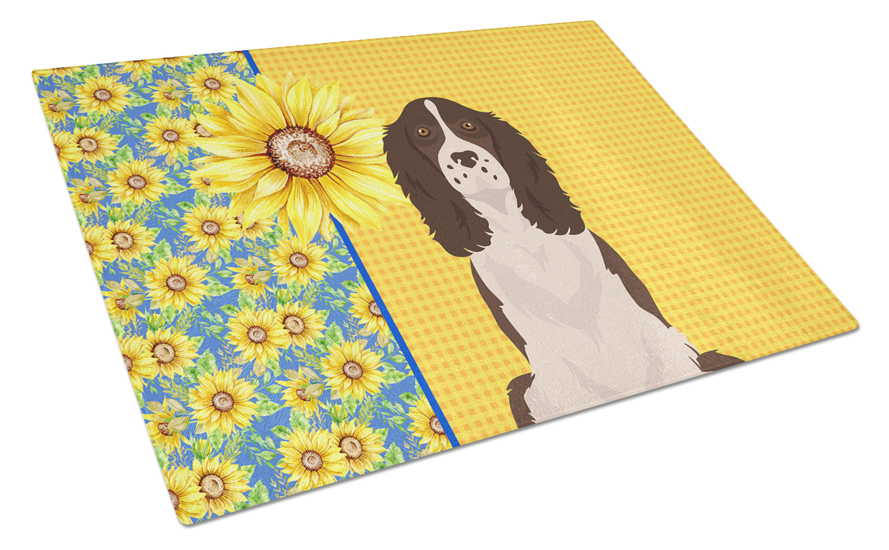 Summer Sunflowers Liver English Springer Spaniel Glass Cutting Board Decorative Tempered Glass Kitchen Cutting and Serving Board Large Size Chopping Board