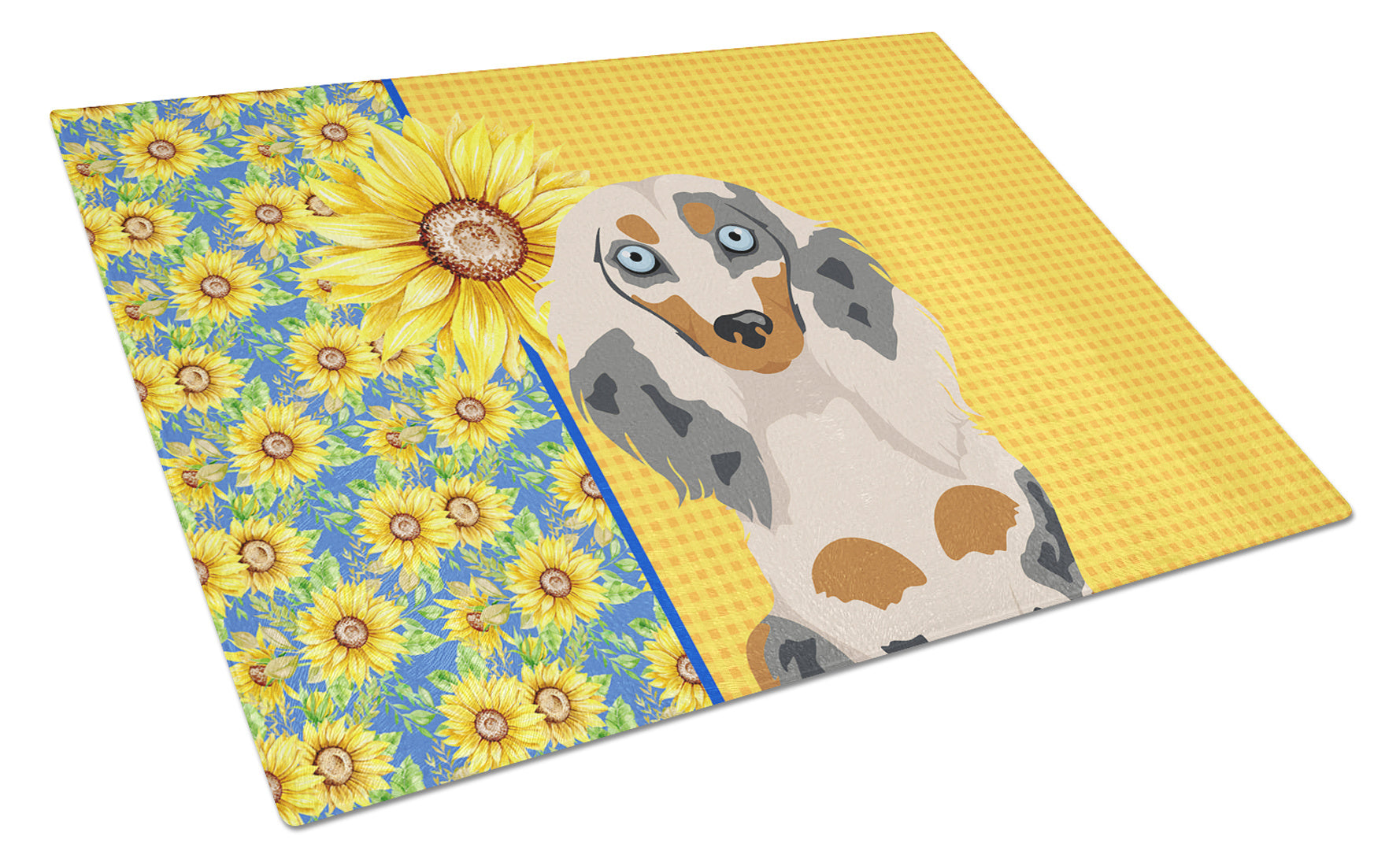 Summer Sunflowers Longhair Cream Dapple Dachshund Glass Cutting Board Decorative Tempered Glass Kitchen Cutting and Serving Board Large Size Chopping Board