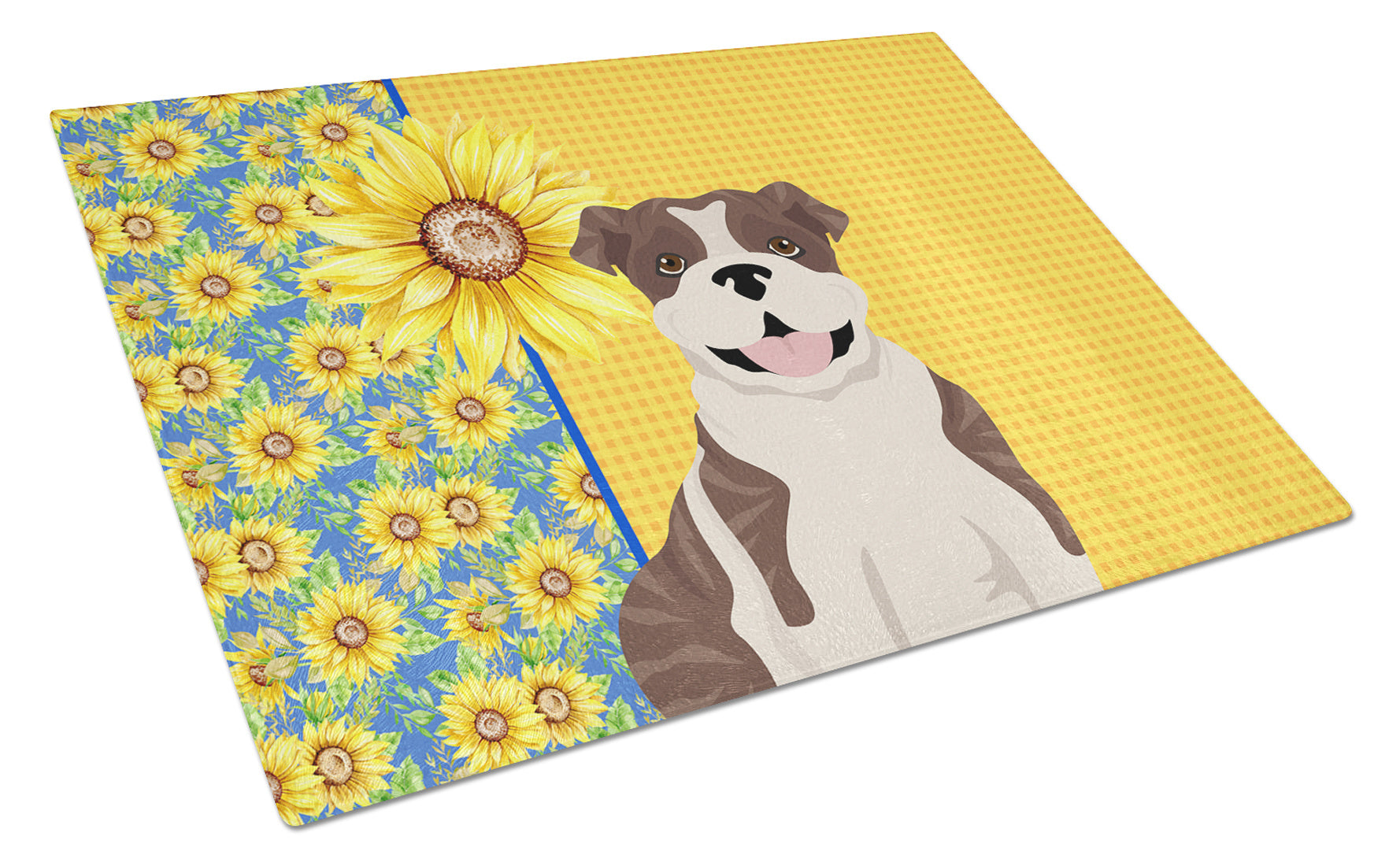 Summer Sunflowers Brindle English Bulldog Glass Cutting Board Decorative Tempered Glass Kitchen Cutting and Serving Board Large Size Chopping Board