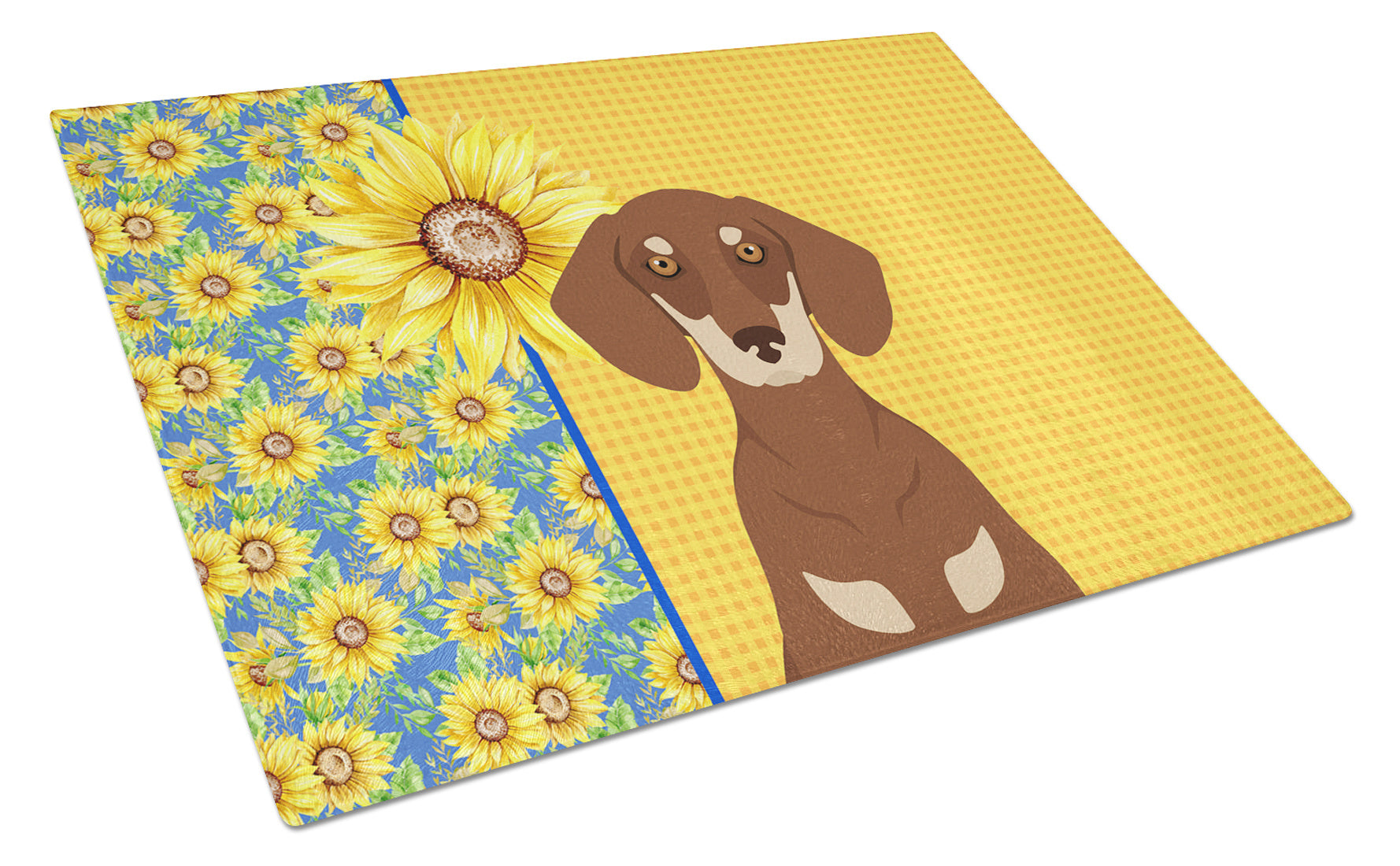 Summer Sunflowers Chocolate and Cream Dachshund Glass Cutting Board Decorative Tempered Glass Kitchen Cutting and Serving Board Large Size Chopping Board