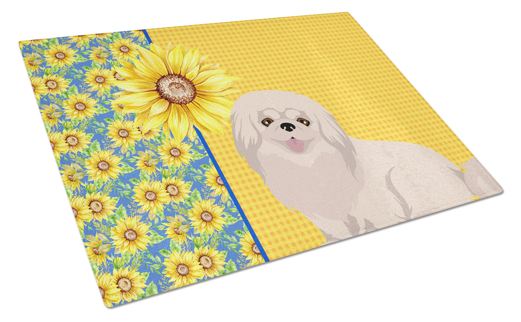 Summer Sunflowers White Pekingese Glass Cutting Board Decorative Tempered Glass Kitchen Cutting and Serving Board Large Size Chopping Board