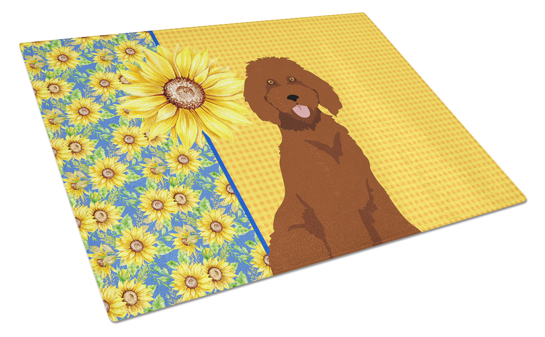 Summer Sunflowers Standard Red Poodle Glass Cutting Board Decorative Tempered Glass Kitchen Cutting and Serving Board Large Size Chopping Board