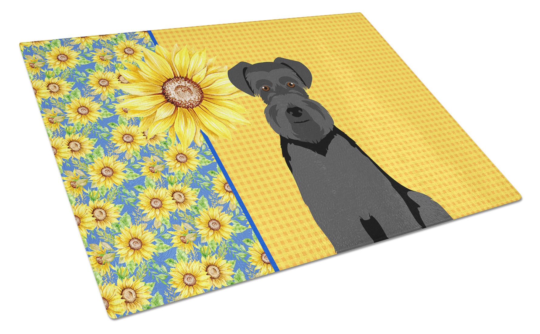 Summer Sunflowers Black Natural Ears Schnauzer Glass Cutting Board Decorative Tempered Glass Kitchen Cutting and Serving Board Large Size Chopping Board