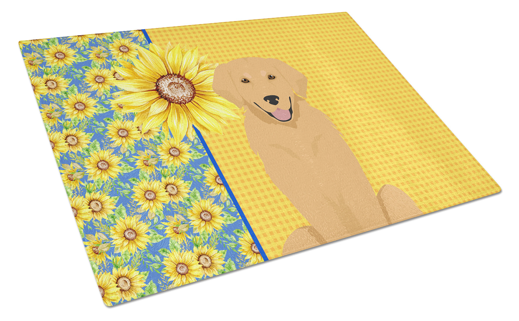 Summer Sunflowers Gold Golden Retriever Glass Cutting Board Decorative Tempered Glass Kitchen Cutting and Serving Board Large Size Chopping Board
