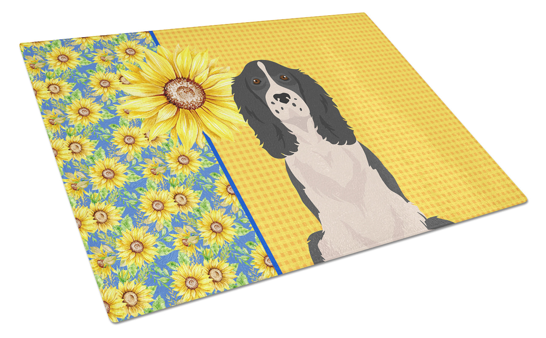 Summer Sunflowers Black English Springer Spaniel Glass Cutting Board Decorative Tempered Glass Kitchen Cutting and Serving Board Large Size Chopping Board