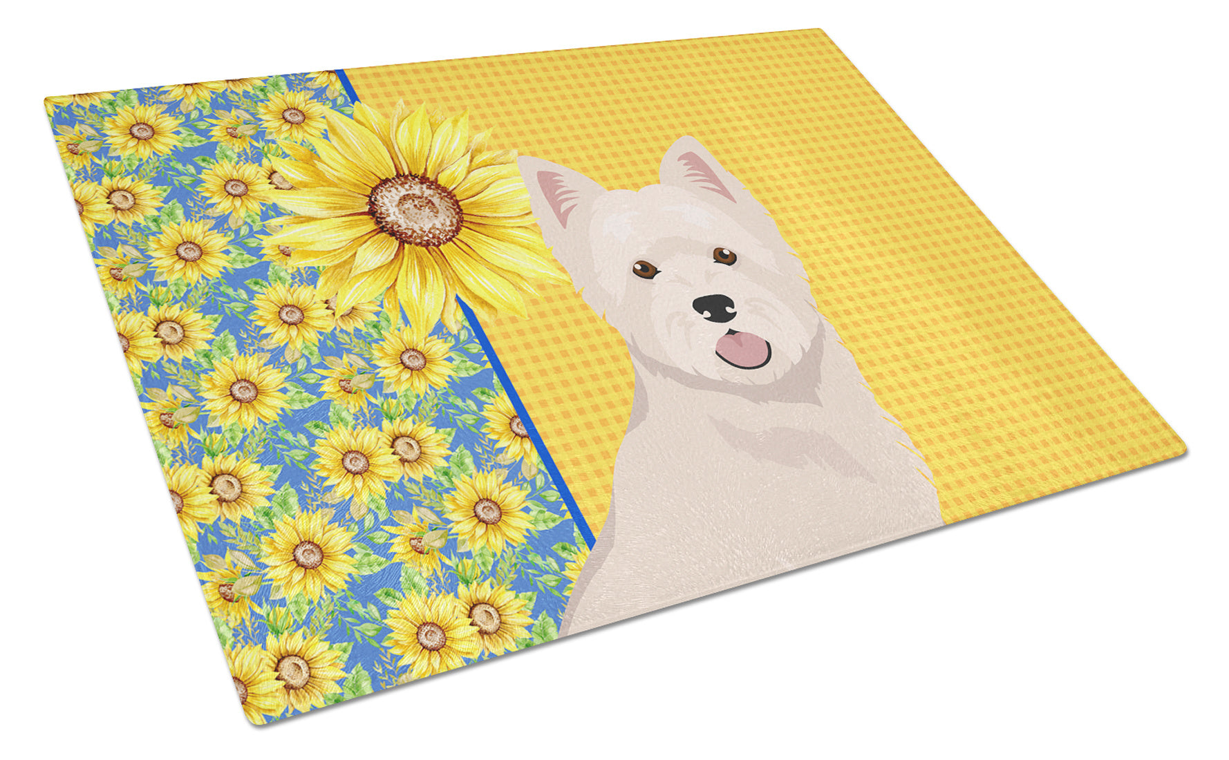 Summer Sunflowers Westie West Highland White Terrier Glass Cutting Board Decorative Tempered Glass Kitchen Cutting and Serving Board Large Size Chopping Board