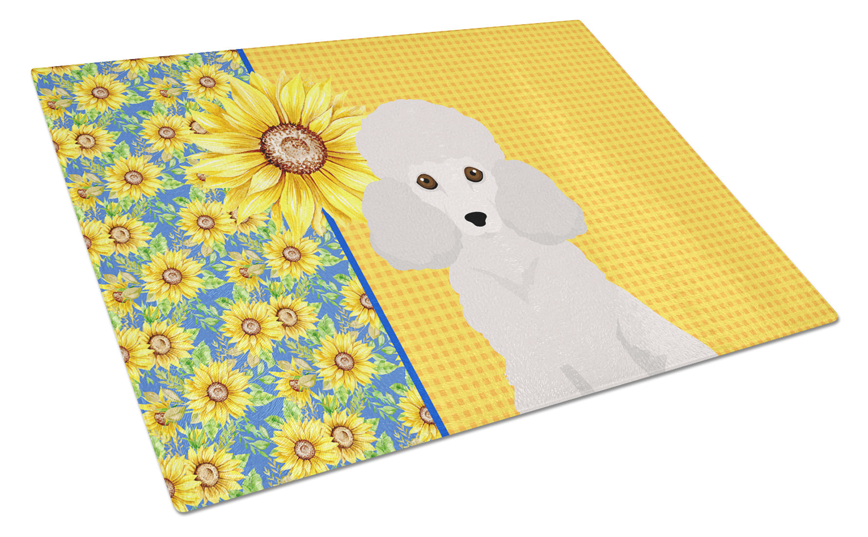 Summer Sunflowers Toy White Poodle Glass Cutting Board Decorative Tempered Glass Kitchen Cutting and Serving Board Large Size Chopping Board