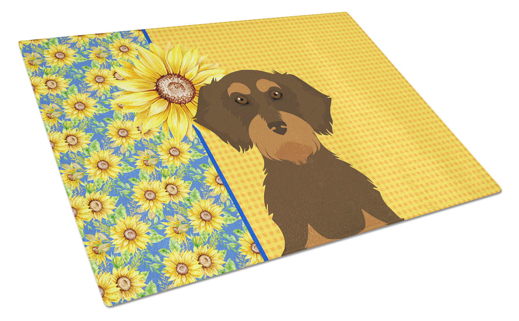 Summer Sunflowers Wirehair Chocolate and Tan Dachshund Glass Cutting Board Decorative Tempered Glass Kitchen Cutting and Serving Board Large Size Chopping Board