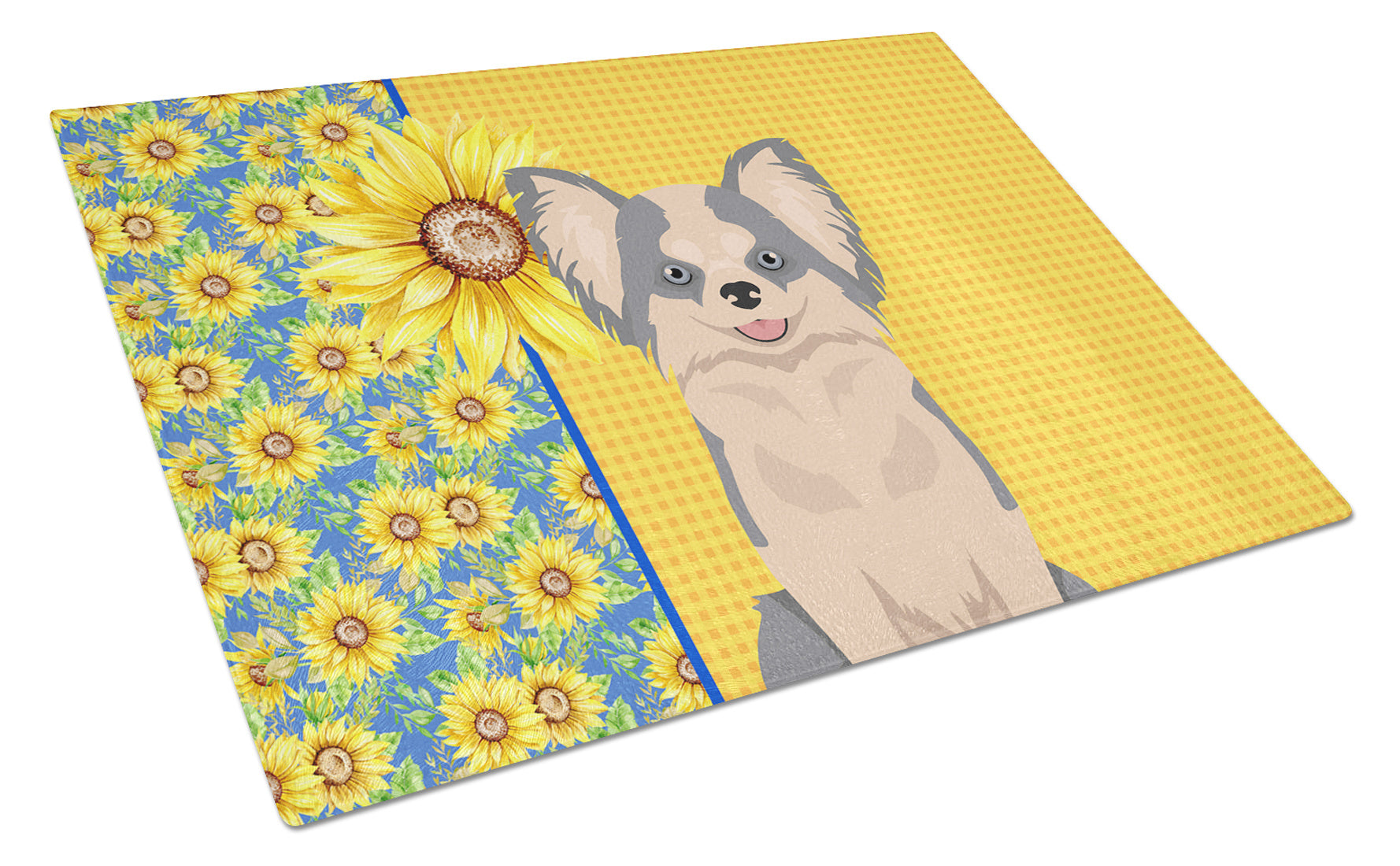 Summer Sunflowers Longhaired Blue and White Chihuahua Glass Cutting Board Decorative Tempered Glass Kitchen Cutting and Serving Board Large Size Chopping Board