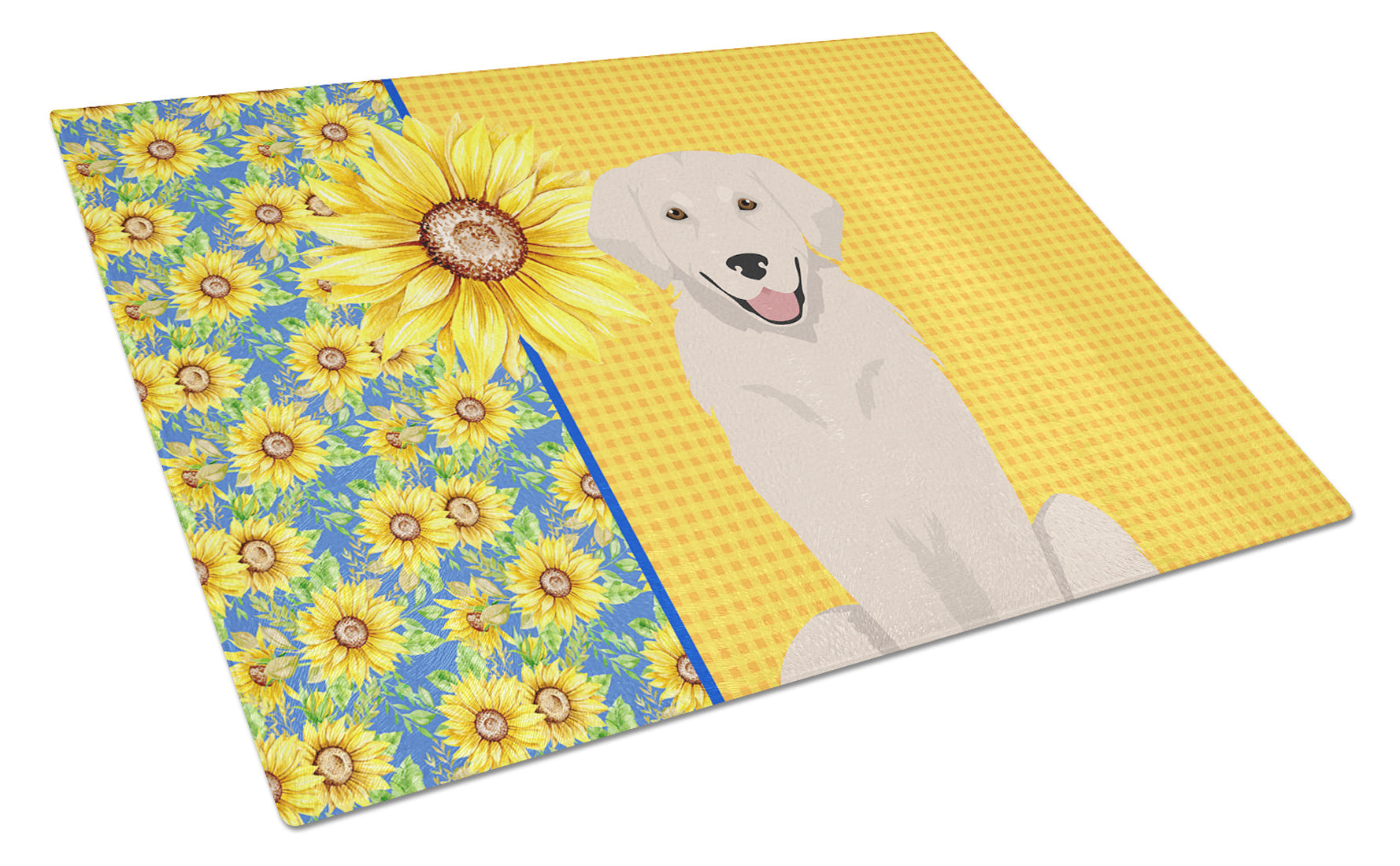 Summer Sunflowers Cream Golden Retriever Glass Cutting Board Decorative Tempered Glass Kitchen Cutting and Serving Board Large Size Chopping Board