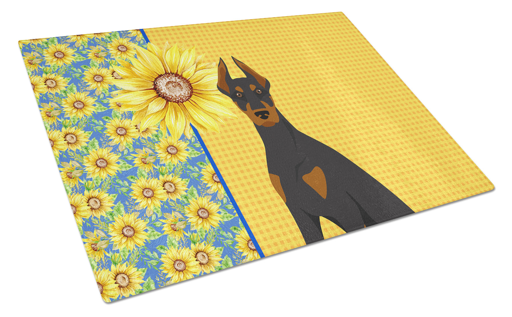 Summer Sunflowers Black and Tan Doberman Pinscher Glass Cutting Board Decorative Tempered Glass Kitchen Cutting and Serving Board Large Size Chopping Board