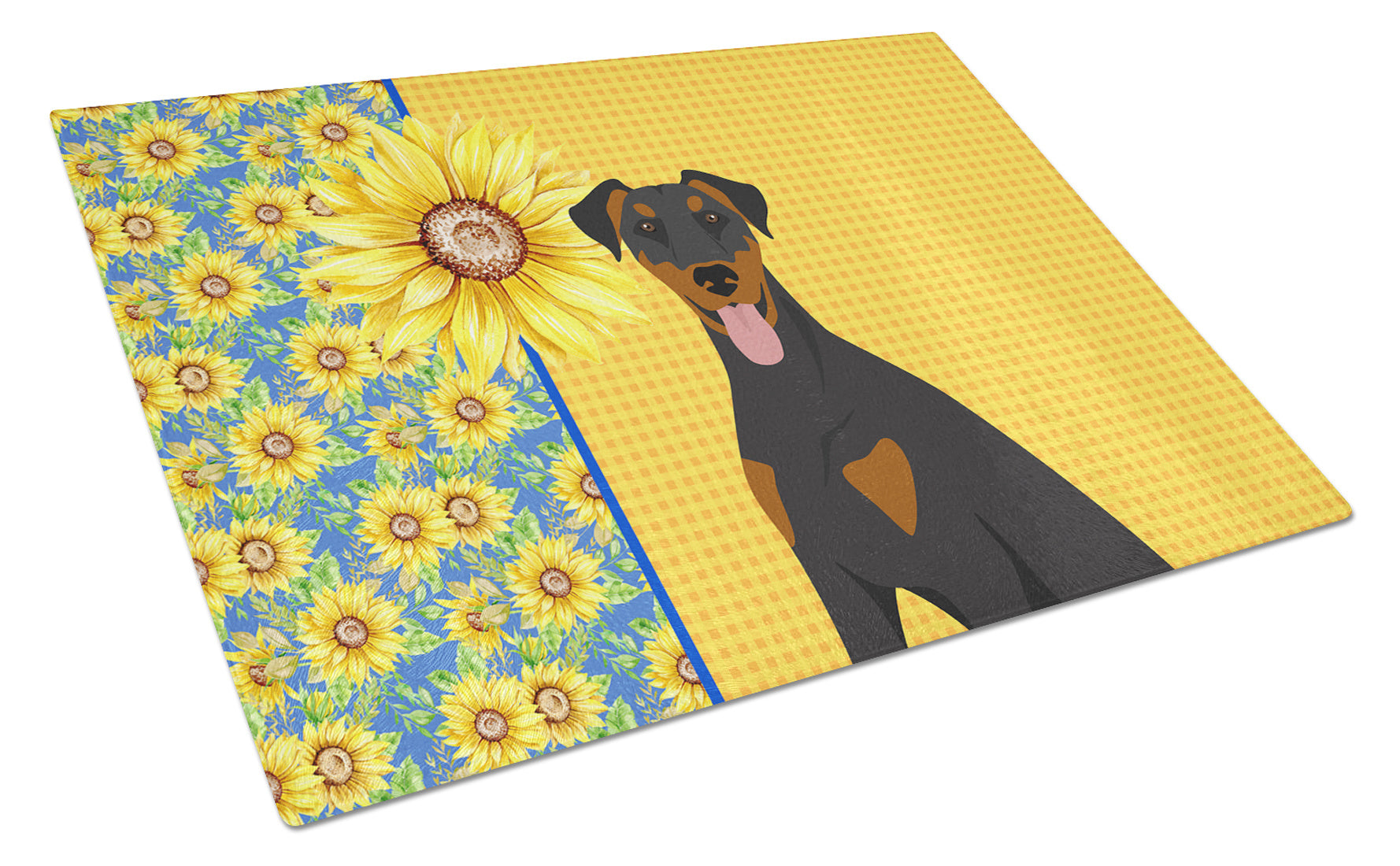 Summer Sunflowers Natural Ear Black and Tan Doberman Pinscher Glass Cutting Board Decorative Tempered Glass Kitchen Cutting and Serving Board Large Size Chopping Board