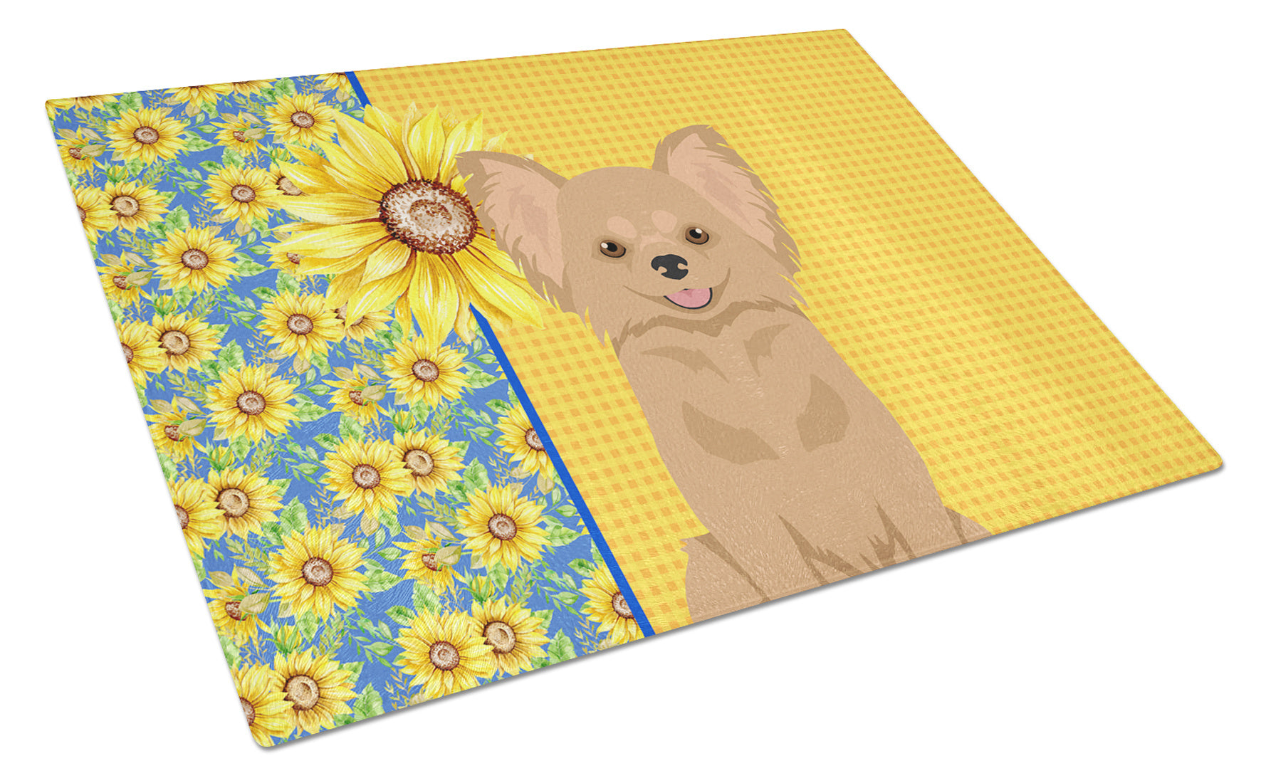 Summer Sunflowers Longhaired Gold Chihuahua Glass Cutting Board Decorative Tempered Glass Kitchen Cutting and Serving Board Large Size Chopping Board