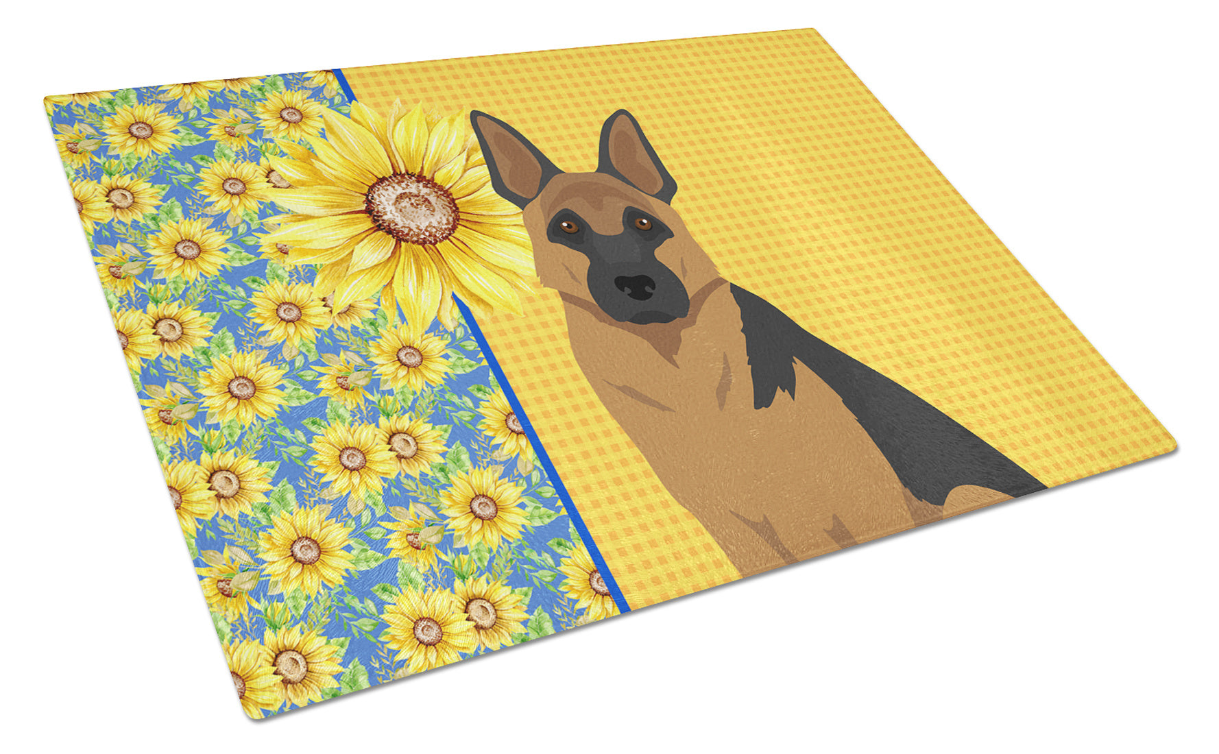 Summer Sunflowers Black and Tan German Shepherd Glass Cutting Board Decorative Tempered Glass Kitchen Cutting and Serving Board Large Size Chopping Board