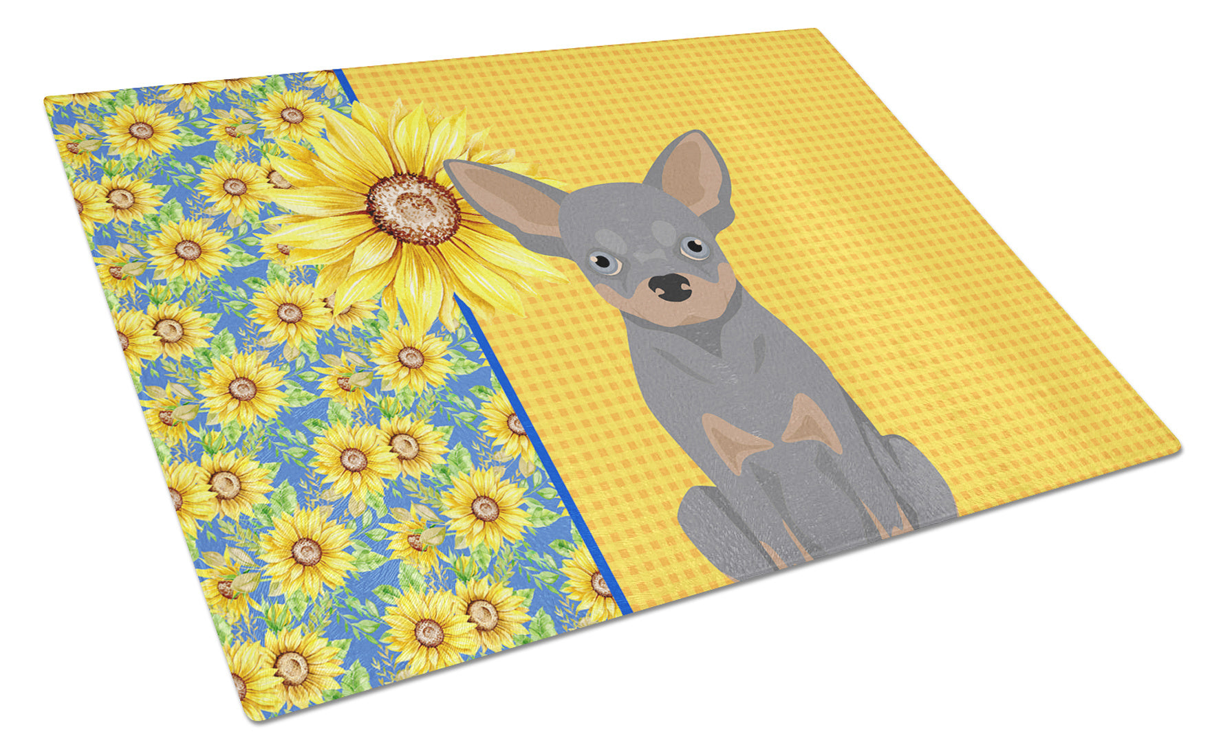 Summer Sunflowers Blue and Tan Chihuahua Glass Cutting Board Decorative Tempered Glass Kitchen Cutting and Serving Board Large Size Chopping Board