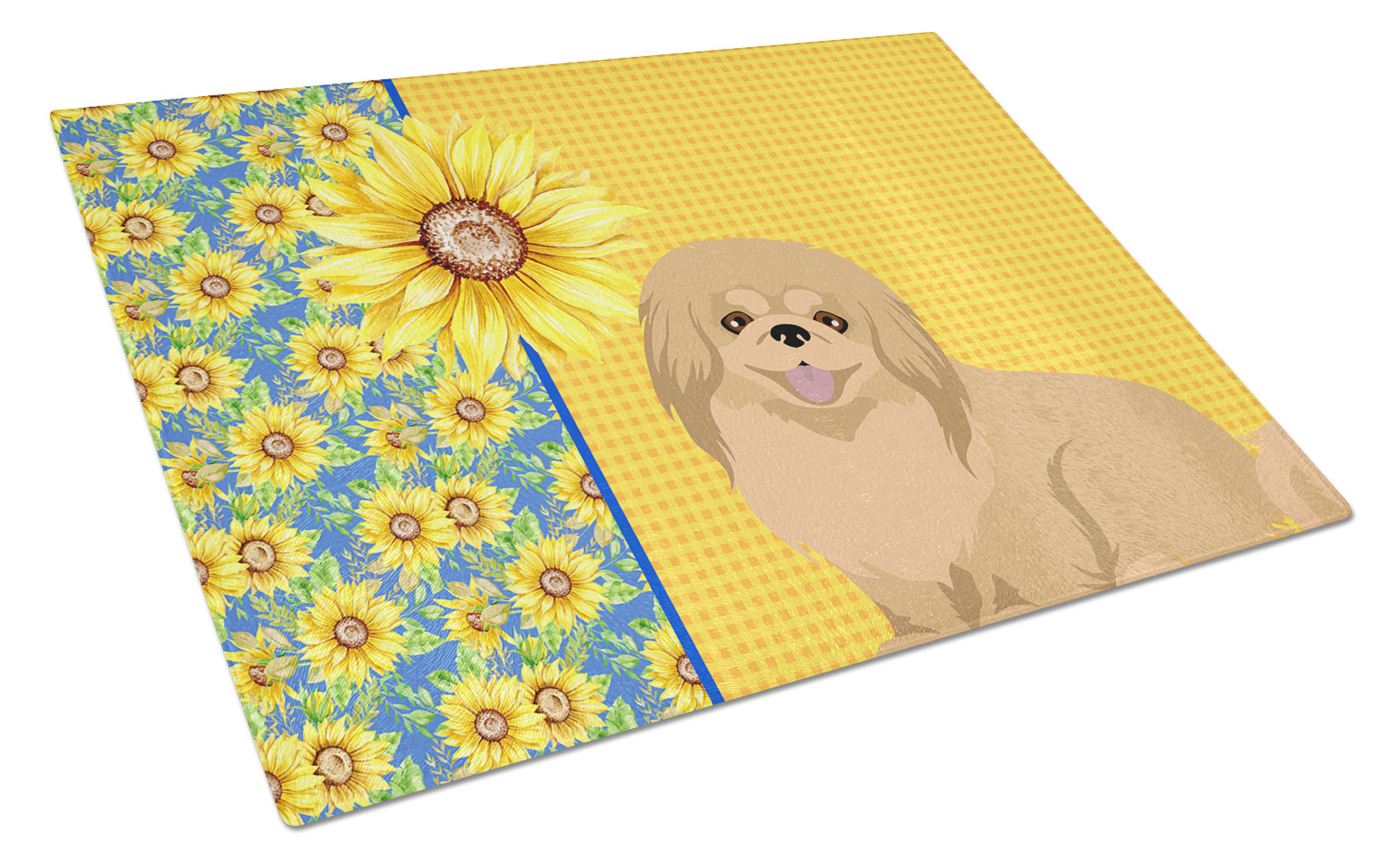 Summer Sunflowers Gold Pekingese Glass Cutting Board Decorative Tempered Glass Kitchen Cutting and Serving Board Large Size Chopping Board