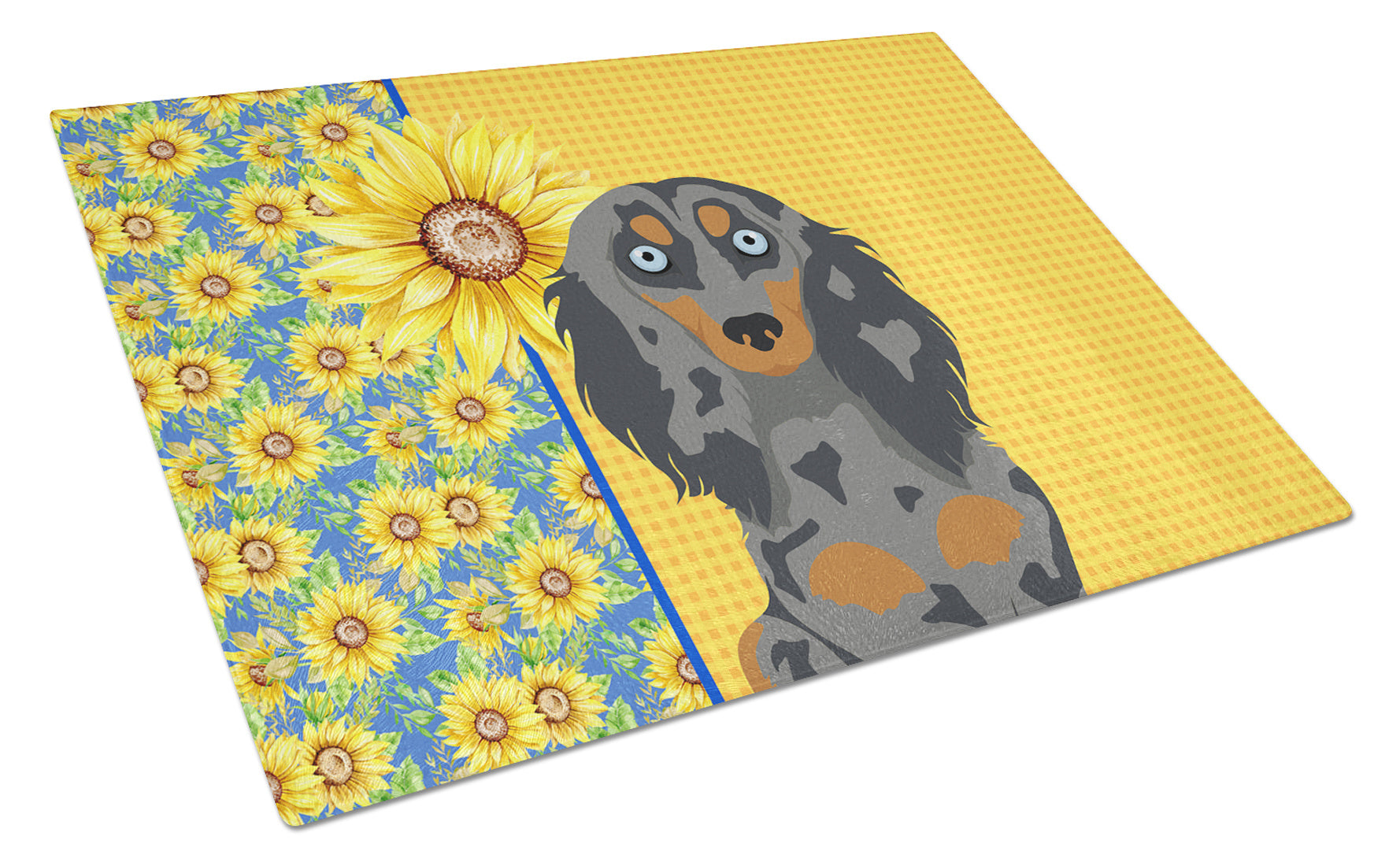 Summer Sunflowers Longhair Blue and Tan Dapple Dachshund Glass Cutting Board Decorative Tempered Glass Kitchen Cutting and Serving Board Large Size Chopping Board