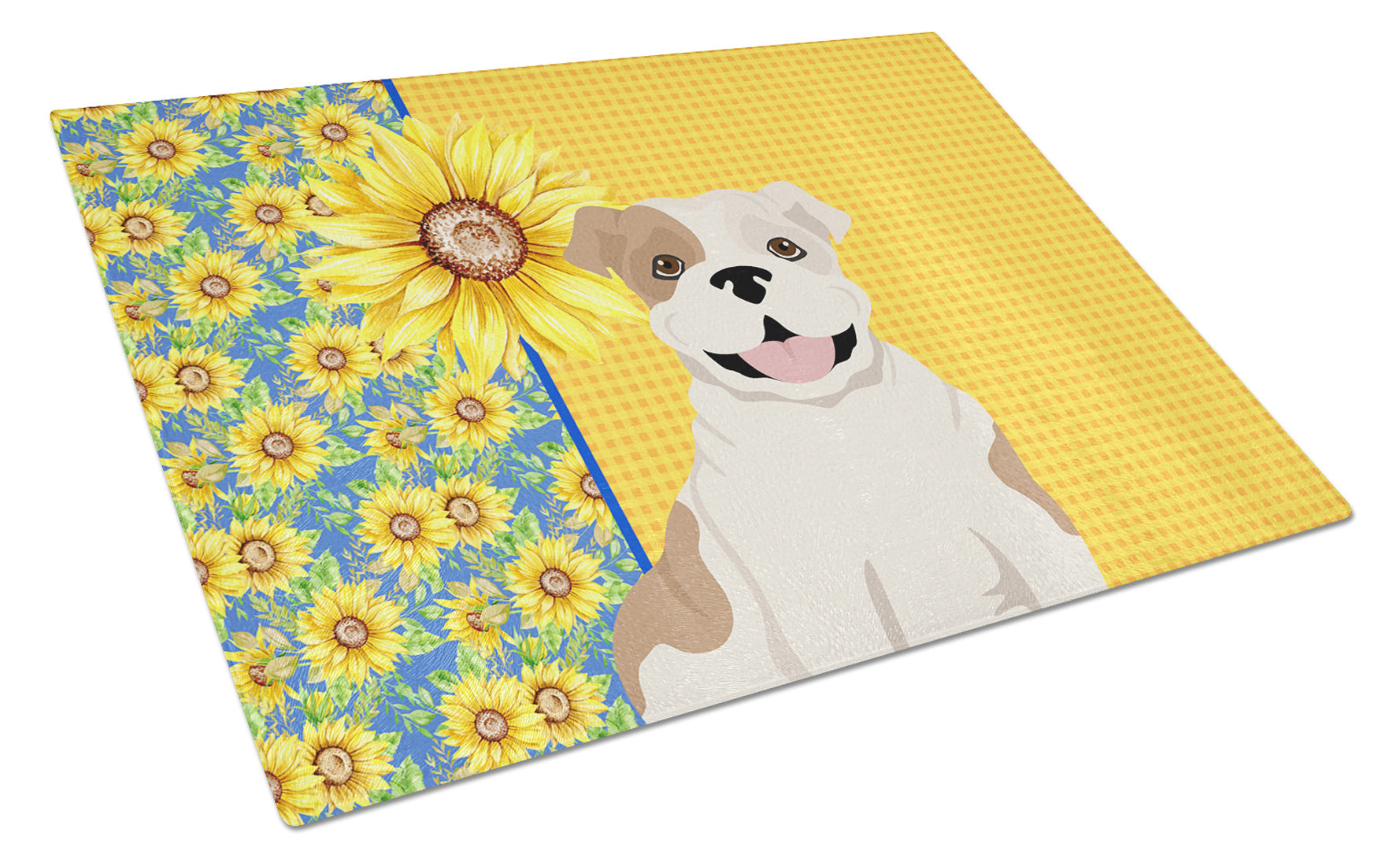 Summer Sunflowers Piebald English Bulldog Glass Cutting Board Decorative Tempered Glass Kitchen Cutting and Serving Board Large Size Chopping Board