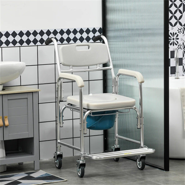 Gray Shower Commode Wheelchair, Waterproof Rolling Over Toilet Chair with Padded Seat