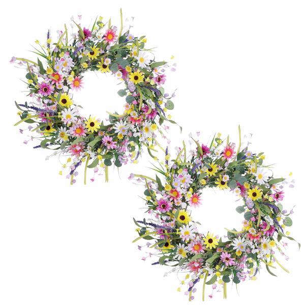 Wreath for Front Door, 22'' Eucalyptus Wreath, Colorful Little Daisies and Winter Jasmine, Home Decor for Farmhouse, Front Door, Wall, Wedding, Festival Farmhouse, Holiday