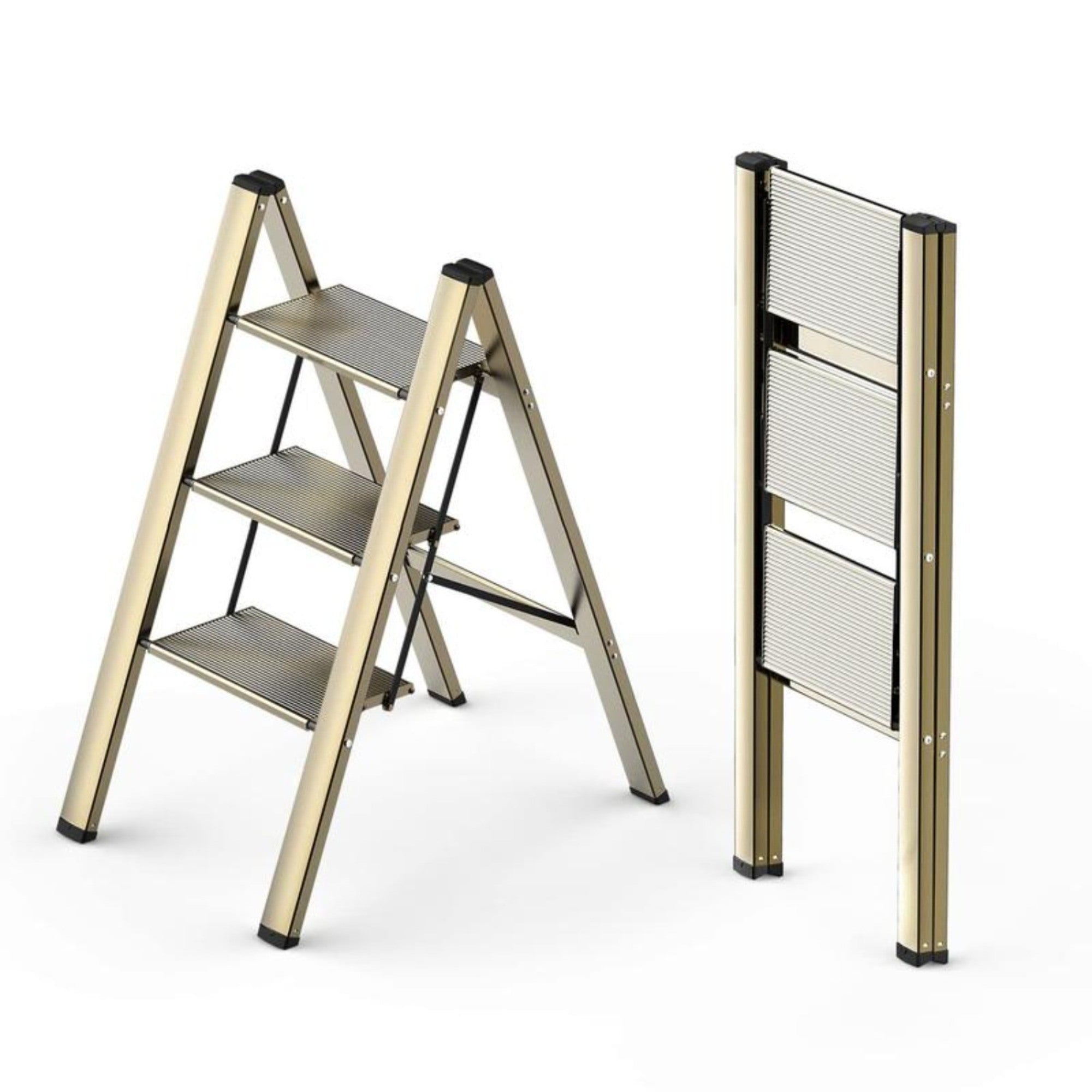 3 Step Ladder, Folding Step Stool with Wide Anti-Slip Pedals, Aluminum Lightweight Ladder, Portable Stepladders for Home, Kitchen, Office 300lbs - Gold