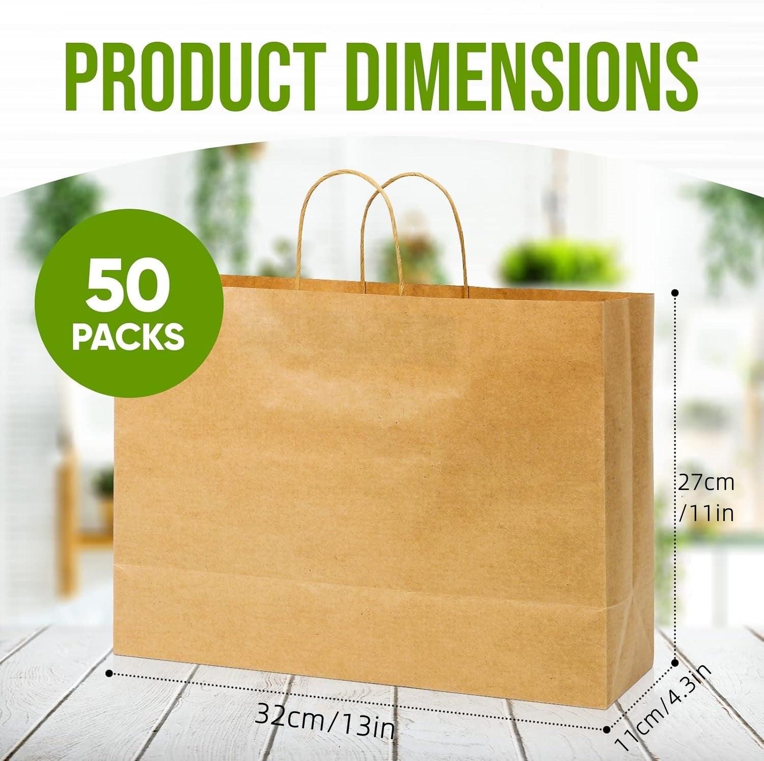 50pcs Kraft Paper Bag With Handle, Kraft-Color Takeaway Bag, Recycled Paper Shopping Bag, Portable Gift Packaging Bag, Grocery Retail Bag For Small Business (13*4.33*10.26inch)