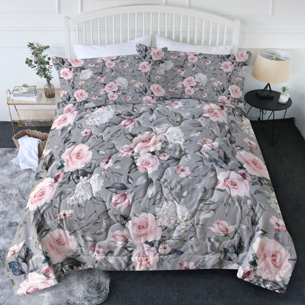 Pink Floral Comforter Set - Vintage Aesthetic Rose Floral Bedding with Botanical Leaf Print Pattern Modern Trendy Flower Bed Set for Teens Girls Kids(Grey Green) Twin Full Queen King Size