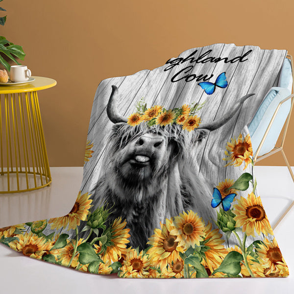 3D Highland Cow Blanket Sunflower Cow Flannel Throw Blanket for Living Room Couch Bed Sofa Adults All Seasons 130X150cm