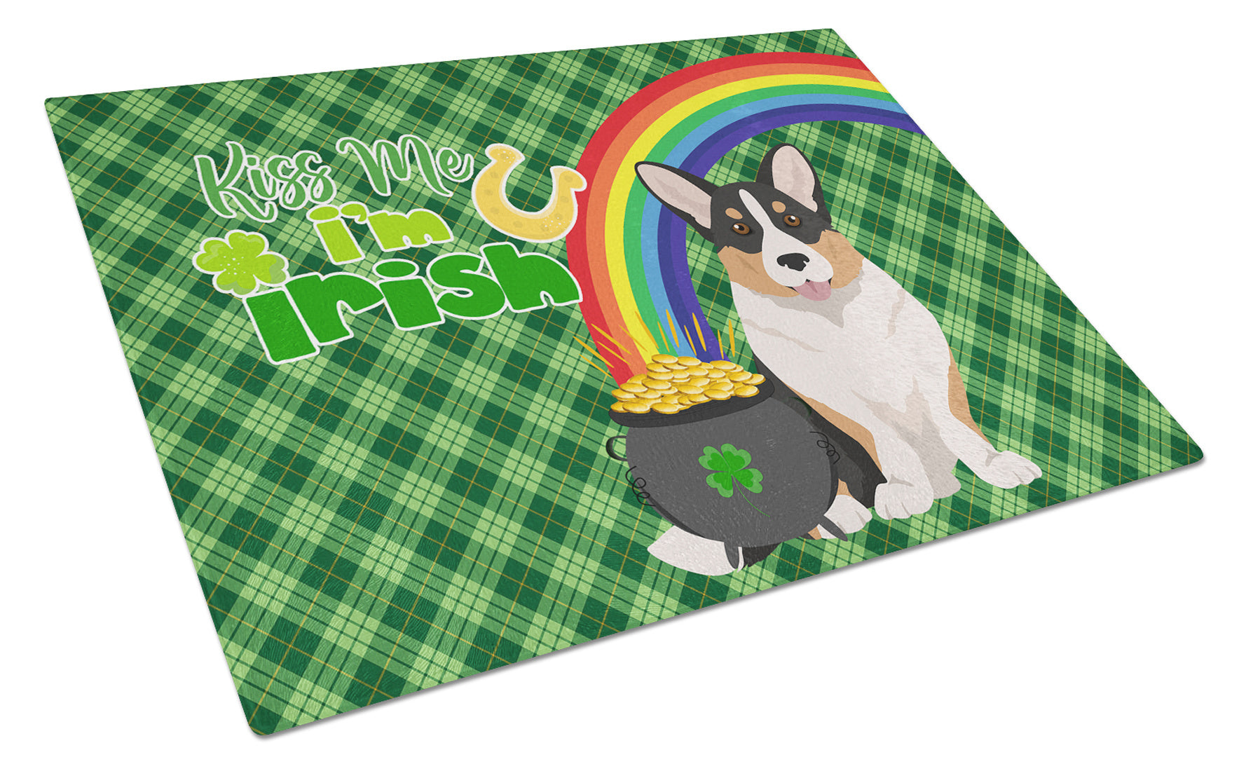 Tricolor Cardigan Corgi St. Patrick's Day Glass Cutting Board Decorative Tempered Glass Kitchen Cutting and Serving Board Large Size Chopping Board