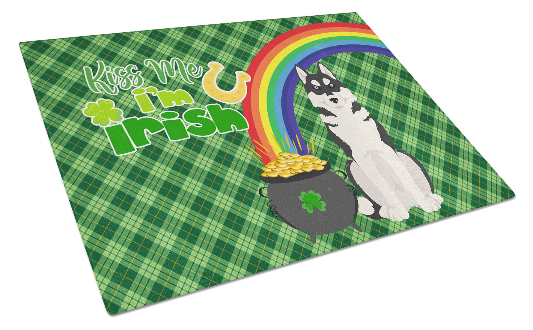 Black Siberian Husky St. Patrick's Day Glass Cutting Board Decorative Tempered Glass Kitchen Cutting and Serving Board Large Size Chopping Board