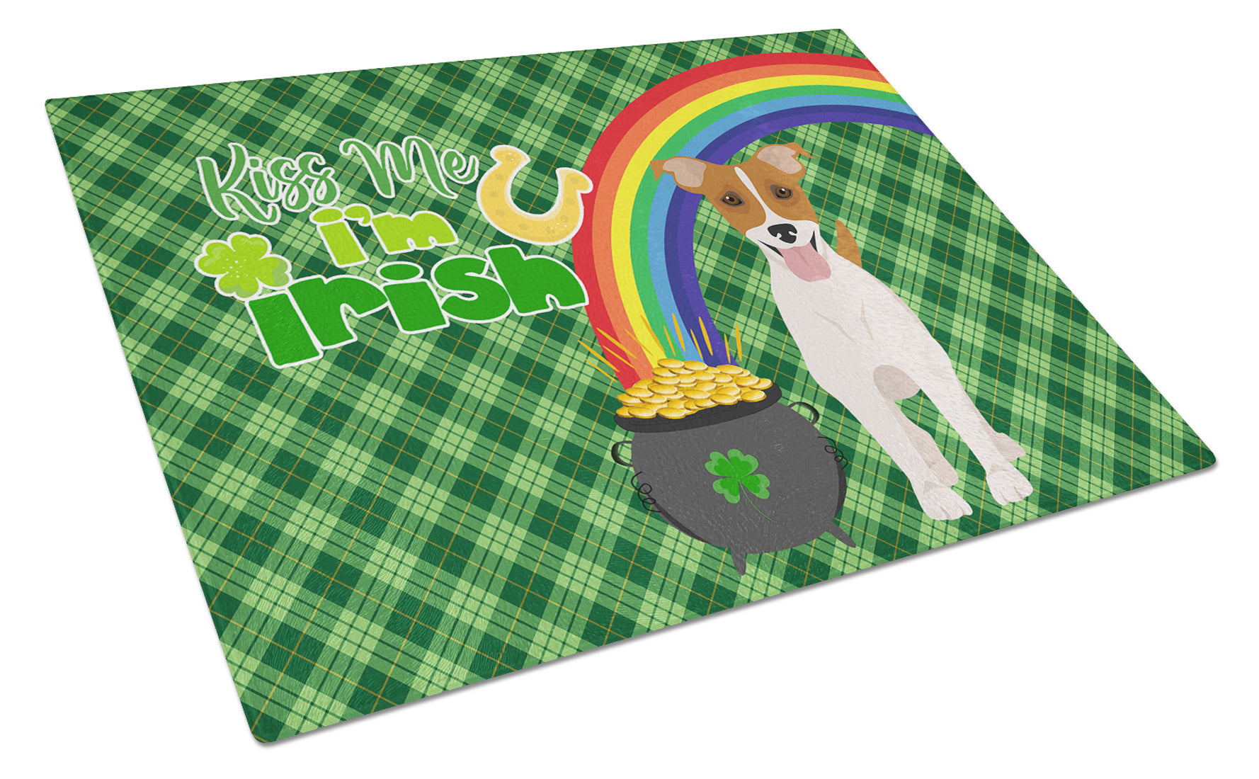 Brown White Smooth Jack Russell Terrier St. Patrick's Day Glass Cutting Board Decorative Tempered Glass Kitchen Cutting and Serving Board Large Size Chopping Board