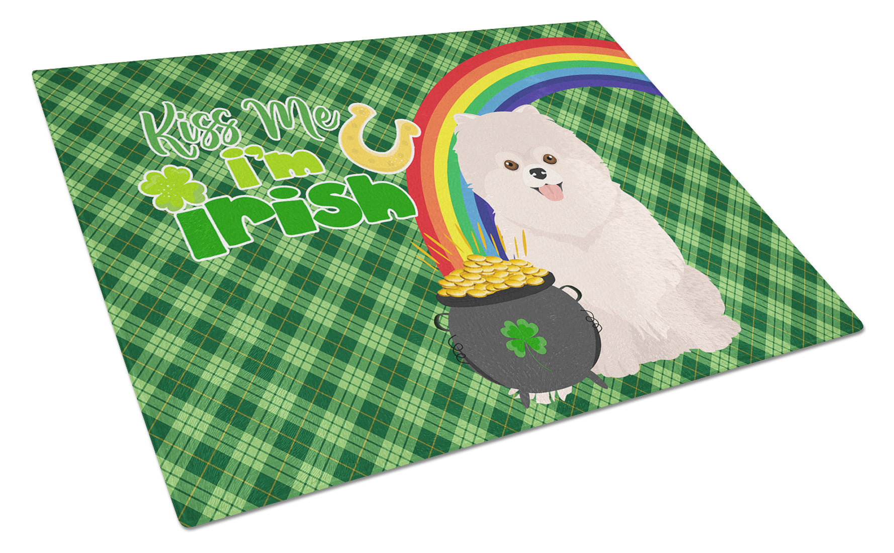 White Pomeranian St. Patrick's Day Glass Cutting Board Decorative Tempered Glass Kitchen Cutting and Serving Board Large Size Chopping Board