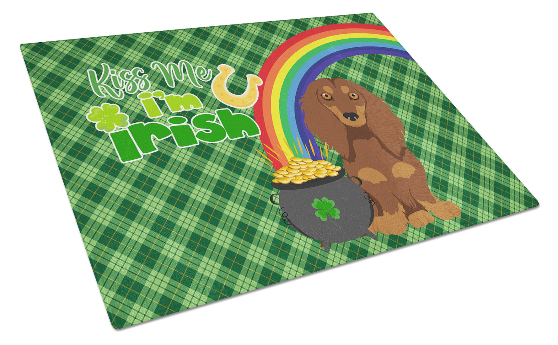 Longhair Chocolate and Tan Dachshund St. Patrick's Day Glass Cutting Board Decorative Tempered Glass Kitchen Cutting and Serving Board Large Size Chopping Board