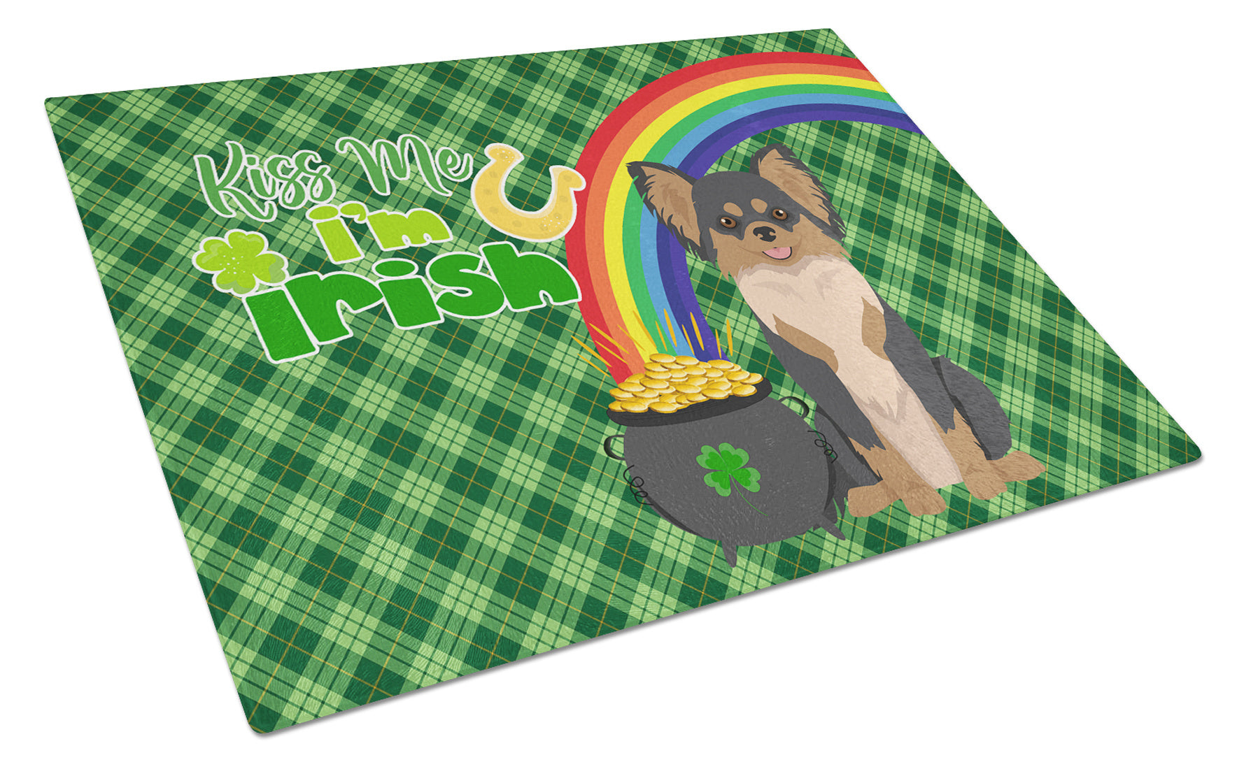 Longhaired Black and Tan Chihuahua St. Patrick's Day Glass Cutting Board Decorative Tempered Glass Kitchen Cutting and Serving Board Large Size Chopping Board