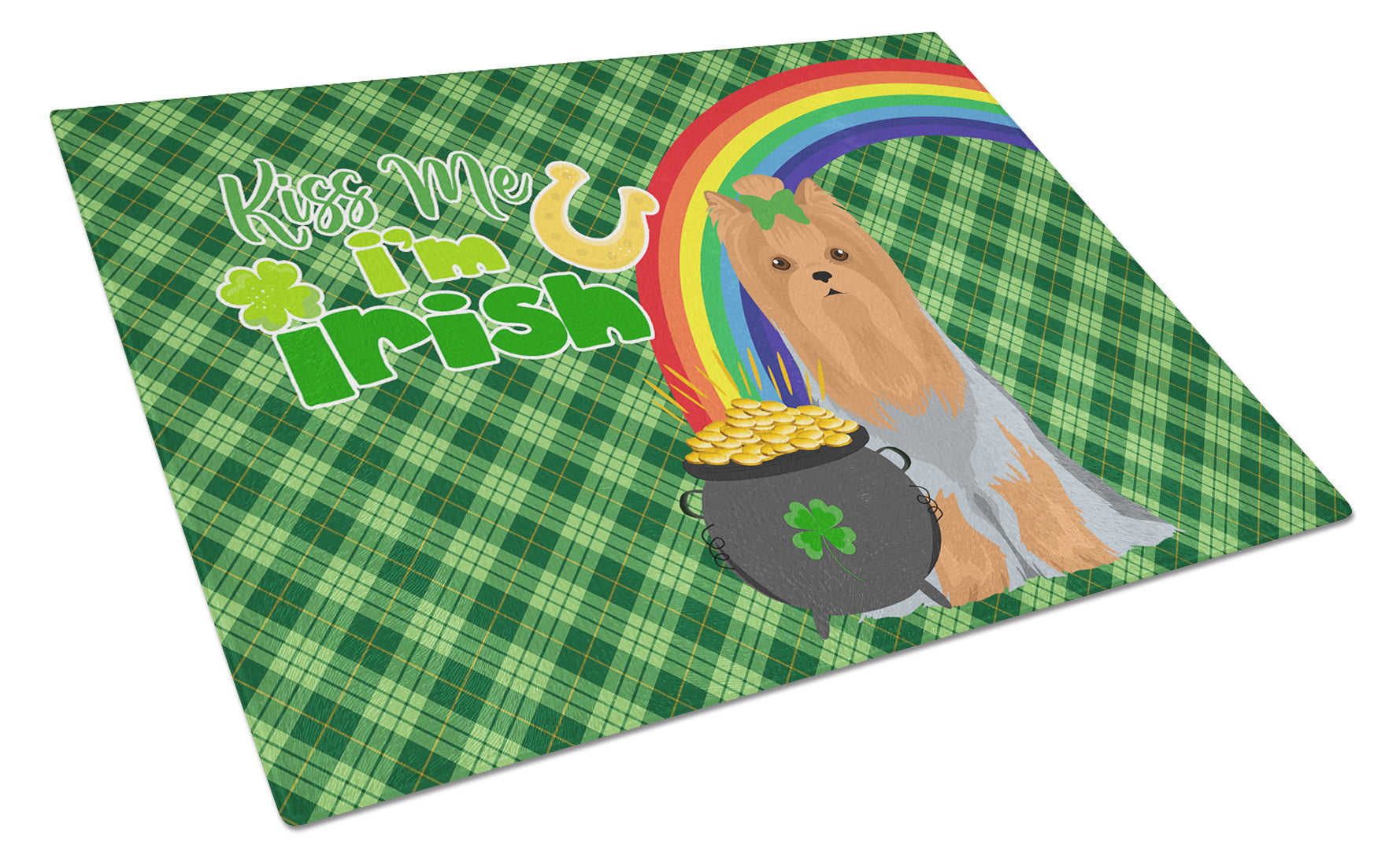 Blue and Tan Full Coat Yorkshire Terrier St. Patrick's Day Glass Cutting Board Decorative Tempered Glass Kitchen Cutting and Serving Board Large Size Chopping Board