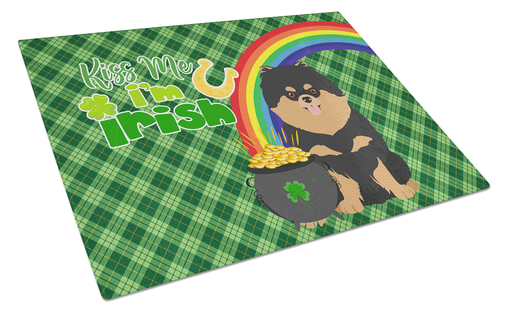 Black and Tan Pomeranian St. Patrick's Day Glass Cutting Board Decorative Tempered Glass Kitchen Cutting and Serving Board Large Size Chopping Board