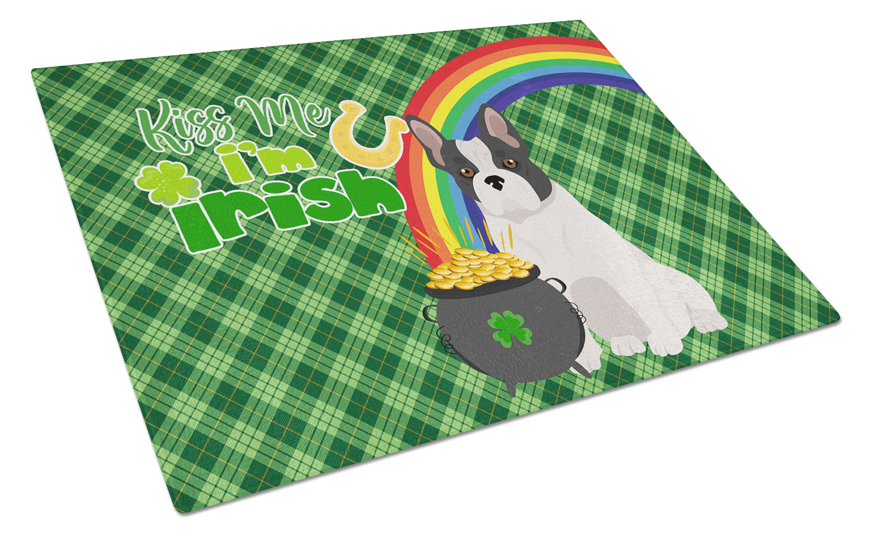 Black and White French Bulldog St. Patrick's Day Glass Cutting Board Decorative Tempered Glass Kitchen Cutting and Serving Board Large Size Chopping Board