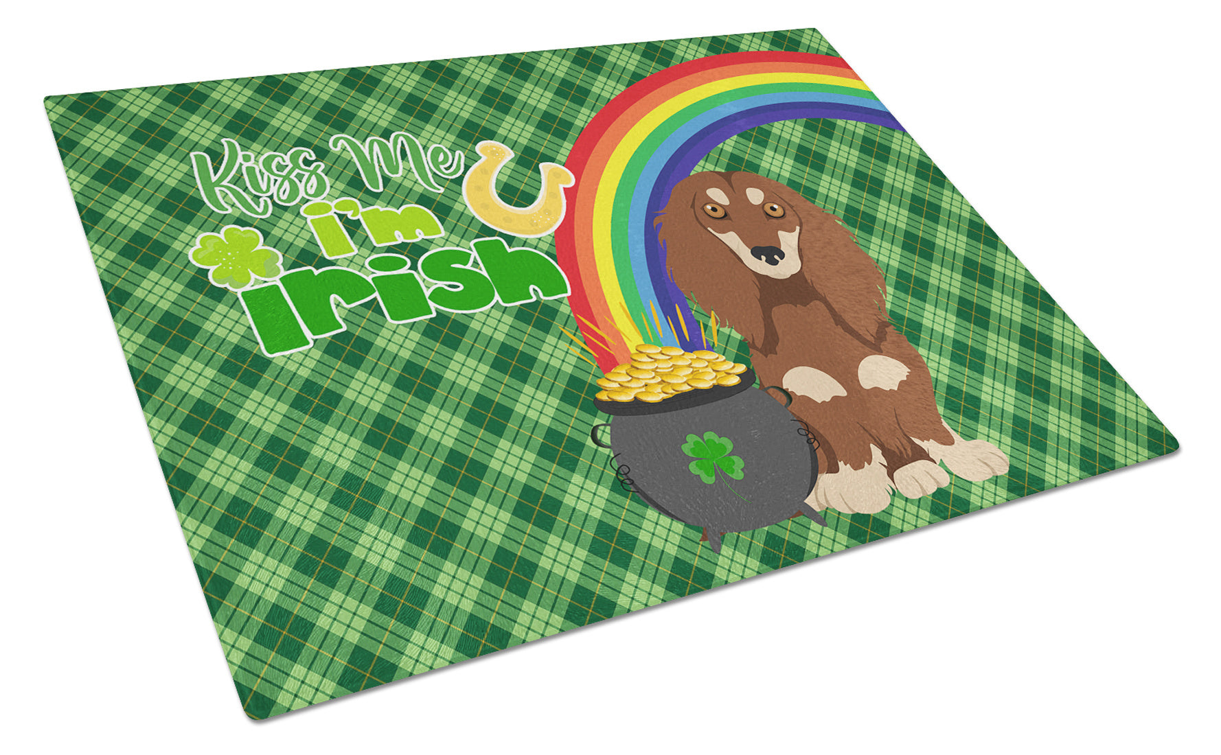 Longhair Chocolate and Cream Dachshund St. Patrick's Day Glass Cutting Board Decorative Tempered Glass Kitchen Cutting and Serving Board Large Size Chopping Board