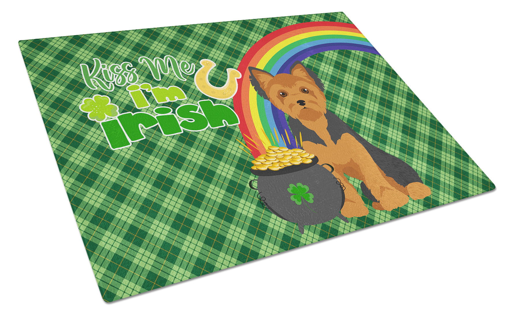 Black and Tan Puppy Cut Yorkshire Terrier St. Patrick's Day Glass Cutting Board Decorative Tempered Glass Kitchen Cutting and Serving Board Large Size Chopping Board