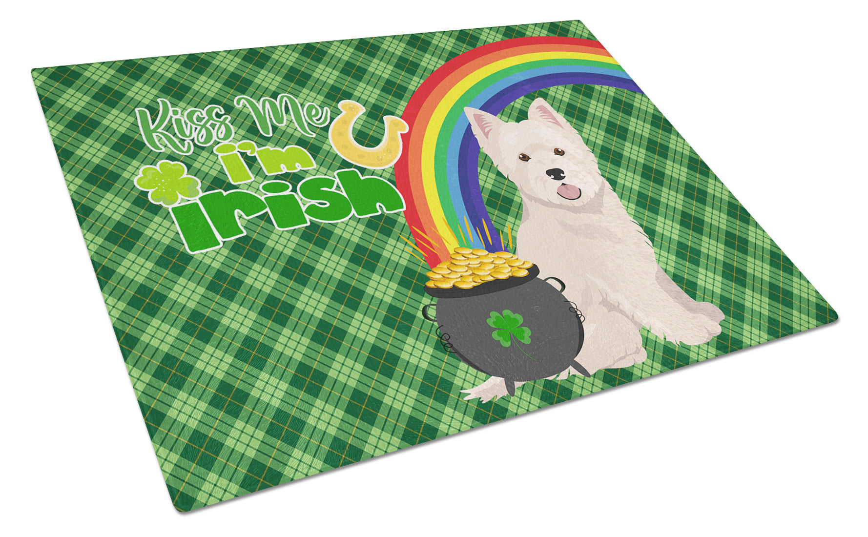 Westie West Highland White Terrier St. Patrick's Day Glass Cutting Board Decorative Tempered Glass Kitchen Cutting and Serving Board Large Size Chopping Board