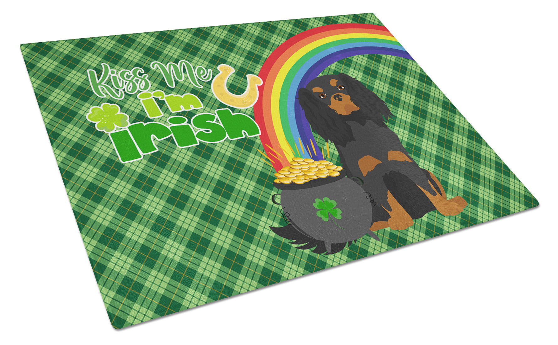 Black and Tan Cavalier Spaniel St. Patrick's Day Glass Cutting Board Decorative Tempered Glass Kitchen Cutting and Serving Board Large Size Chopping Board